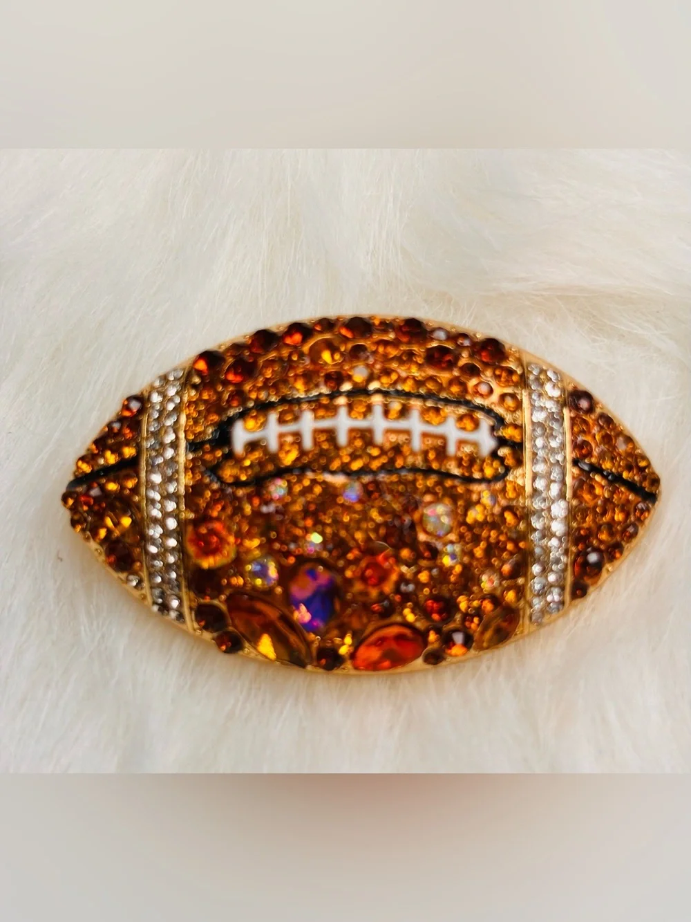 Sparkling Football Brooch – Orange & Amber Rhinestone Sports Statement Pin